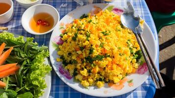 Vibrant Scrambled Egg Dish with Fresh Greens and Dipping Sauce. photo