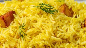 Close up of appetizing yellow rice with meat and fresh dill. photo