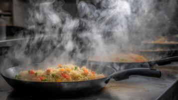 Steaming Fried Rice Cooked in a Wok with Fresh Vegetables. photo