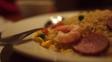 Delicious Shrimp Fried Rice Close Up with Spoon and Lights. photo