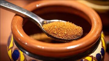 Close up of spoon holding brown sugar in a decorative clay pot. photo