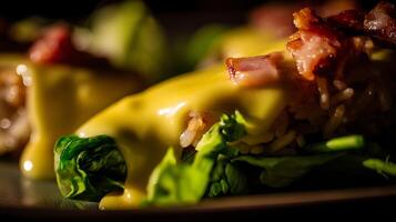 Delicious Rice Dish With Bacon And Melted Cheese Close Up. photo