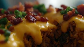 Delicious Rice Dish Topped With Melted Cheese and Crispy Bacon. photo
