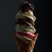 Tall Tower of Delicious Ice Cream Flavors in a Waffle Cone. photo