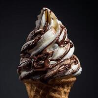 Delicious Ice Cream Swirl with Chocolate Sauce in a Waffle Cone photo
