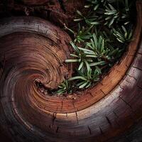 Twisted Tree Trunk with Green Sprouts Thriving in Nature's Embrace. photo