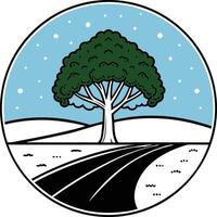 Green tree on snowy landscape with road winter vector