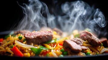 Sizzling Steak Stir Fry with Steaming Rice and Fresh Vegetables. photo