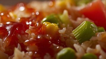 Macro Shot of Delicious Rice Dish with Corn, Peas, and Tomato Sauce. photo