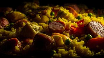 Delicious Paella Dish with Sausage, Shrimp, and Peas Close Up. photo