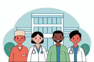 Diverse medical professionals standing outside hospital vector