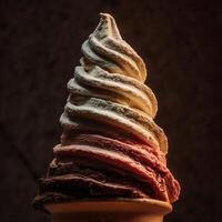 Delicious Triple Flavor Soft Serve Ice Cream Cone Up Close. photo