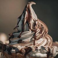 Delicious Soft Serve Ice Cream Drenched in Rich Chocolate Syrup. photo