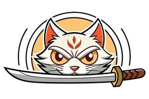 Fierce white cat with katana orange yellow vector