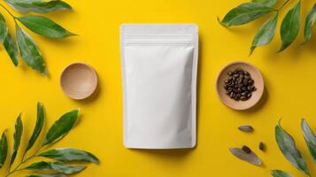 Simple Packaging Pouch Mockup Surrounded by Natural Elements and Minimalistic Props on a Vibrant Yellow Background photo
