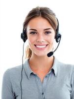 Customer Support Agent Smiling While Assisting Clients With Inquiries in a Bright Workspace photo