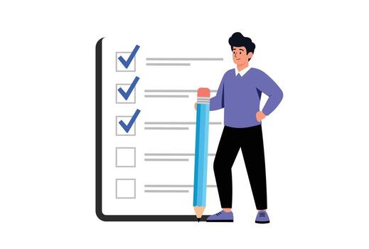 Man completing checklist with pencil, productivity and task management concept illustration. vector
