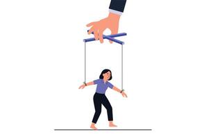 Woman controlled by giant puppet hand, manipulation and control concept illustration. vector