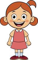 Smiling cartoon girl in pink dress with pigtails standing happily and arms spread wide in cheerful pose vector