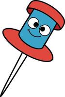 Blue cartoon push pin with face and eyes showing personality and playful mood in office-themed vector