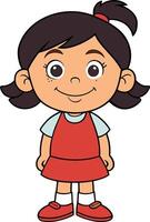 Cartoon girl with red dress and tied hair standing confidently with a bright smile in simple style vector