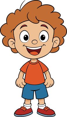 Red-haired cartoon boy smiling confidently with hands on hips standing proud in childlike joyful illustration