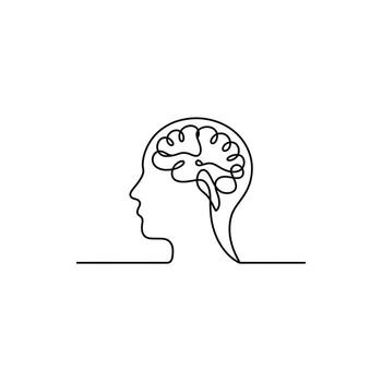 Abstract continuous line drawing of a human head profile with a brain inside vector