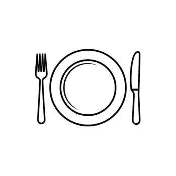 Minimalist Flatware Illustration A Clean and Simple Dining Table Setting with Plate, Knife, and Fork in Outline Style vector