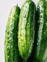 Fresh Cucumbers Glistening With Water Droplets on a Clean Surface Showcasing Vibrant Green Tones photo