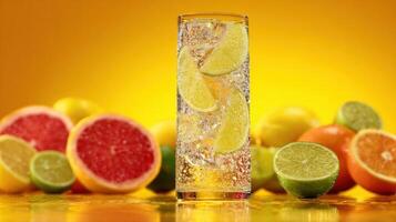 Sparkling Lemon Soda Glass Surrounded by Fresh Citrus Fruits on a Vibrant Yellow Background at a Modern Food Setting photo