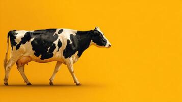 Cow Walks Gracefully in Side View Against a Vibrant Yellow and Cream Background Showcasing a Bright and Cheerful Setting photo