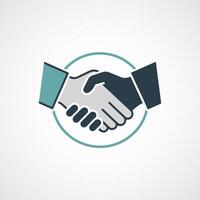 A stylized illustration of two hands shaking symbolizing partnership agreement and trust enclosed within a circular border. vector