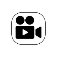 Simple black and white icon of a vintage film camera with a play button inside vector