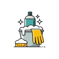 Cleaning supplies including a bottle of liquid bucket sponge and yellow glove with bubbles and sparkles vector