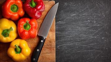 Vibrant Peppers on a Wooden Chopping Board With a Blank Chalkboard in the Background for Notes and Recipes During Meal Preparation photo