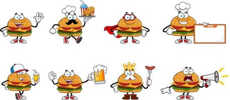 Cartoon hamburger characters in various poses vector