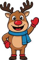 Cartoon reindeer wearing blue scarf and red mittens waving hand happy winter character illustration vector