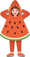 Child wearing watermelon fruit costume happy and playful in bright colors illustration vector