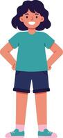 Happy young girl standing with hands on hips wearing teal shirt and navy shorts illustration vector