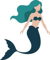 Mermaid with flowing teal hair and dark turquoise tail illustration in fantasy style for lifestyle and leisure content vector