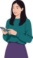 Young woman using smartphone dressed in teal sweater and purple skirt smiling illustration vector