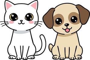 Cute cartoon white cat and beige dog sitting side by side with big eyes and friendly expressions illustration vector