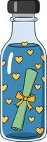 Glass bottle with rolled message and yellow hearts romantic love symbol illustration vector