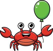 Red cartoon crab holding green balloon smiling happy sea creature illustration vector