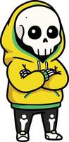 Skeleton character wearing yellow hoodie and black pants with crossed arms illustration vector