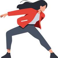 Woman in red jacket performing martial arts pose in dynamic stance illustration vector