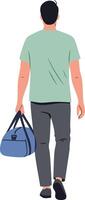 Man walking away carrying blue duffle bag in casual outfit illustration vector