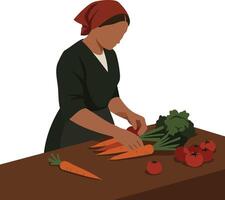 Woman preparing fresh vegetables including carrots and tomatoes on wooden table in simple kitchen scene vector