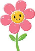 Smiling pink flower with green leaves cheerful illustration for friendly design and decoration purposes vector