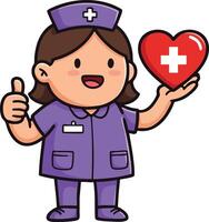 Nurse character holding red heart with white cross symbol wearing purple uniform illustration vector